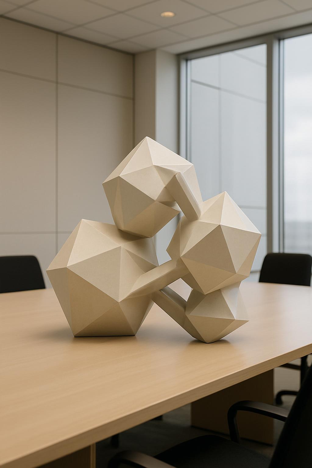 ũ-craft sculpture atop conference table. clean white space contemporary design, little light, natural composition.